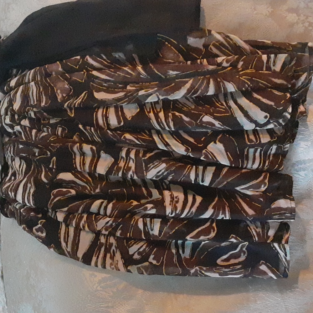 Floaty brown, black, aqua and gold chiffon skirt with black self tie/belt.